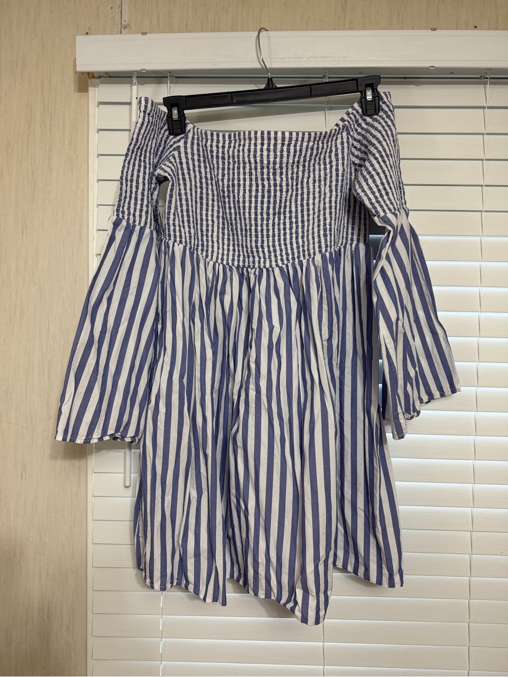 Blue and White Striped Off-Shoulder mini dress